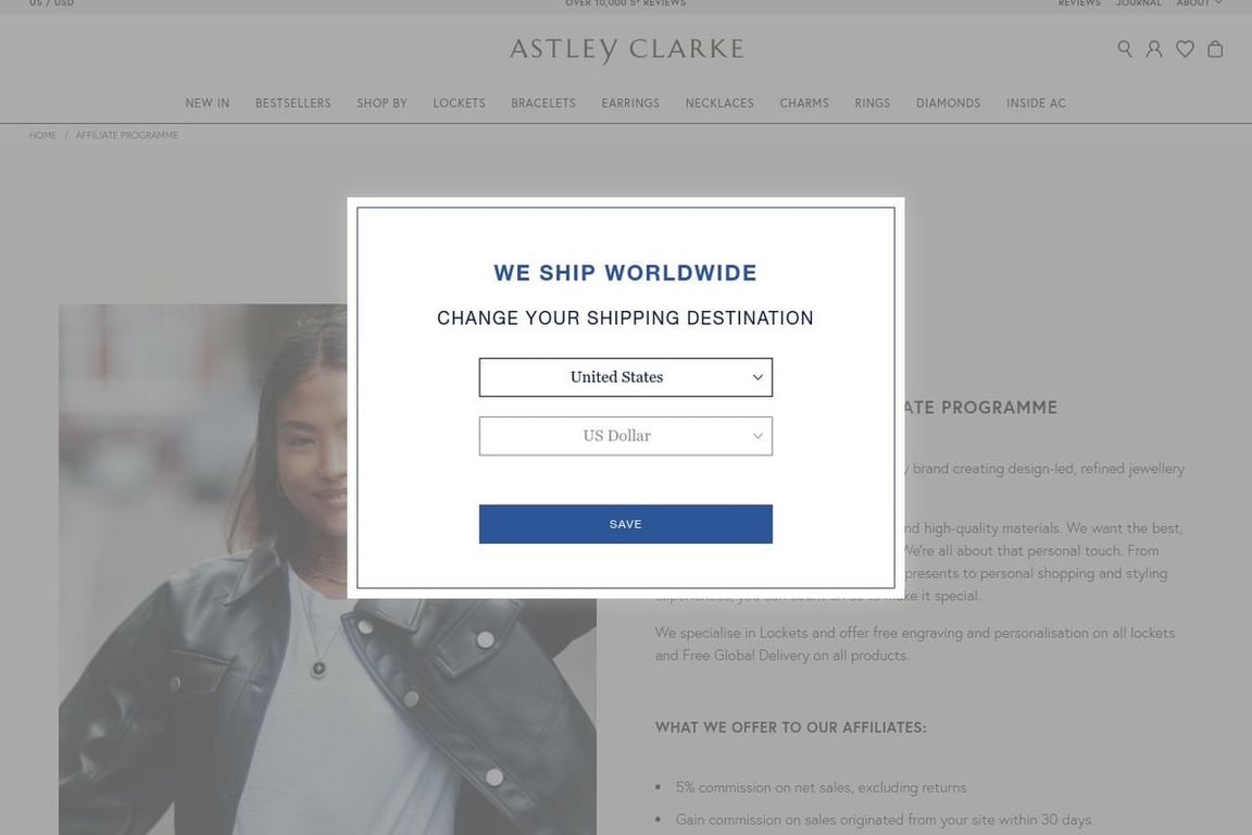 Astley Clarke affiliate program signup page