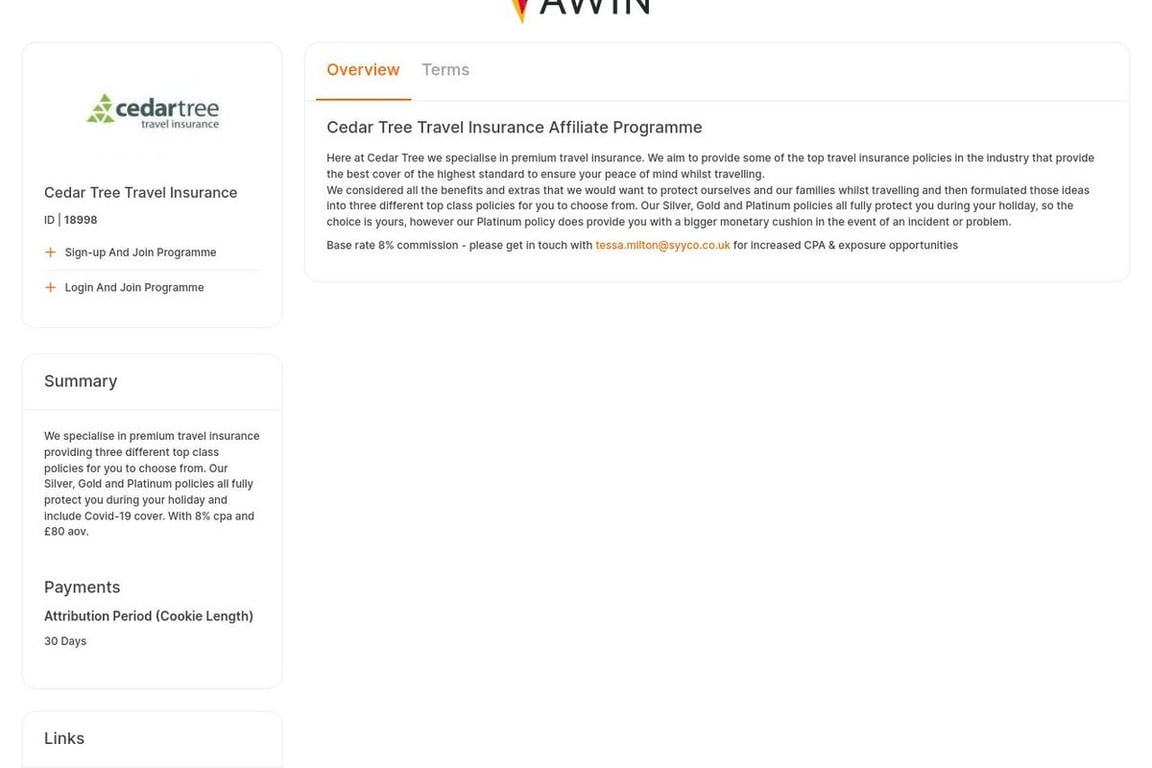 Cedar Tree Travel Insurance affiliate program signup page