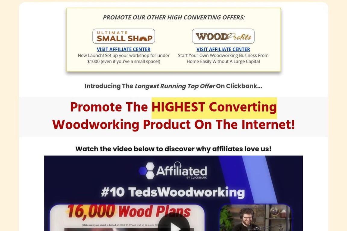Ted’s Woodworking affiliate program signup page