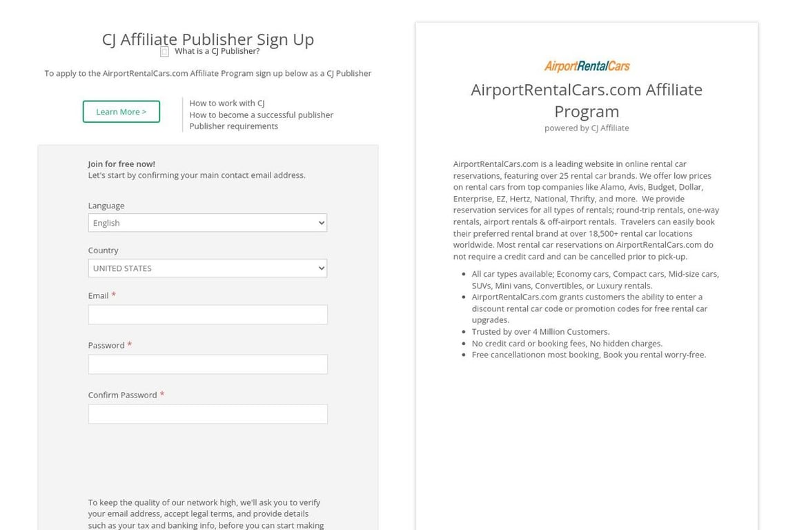 AirportRentalCars.com affiliate program signup page