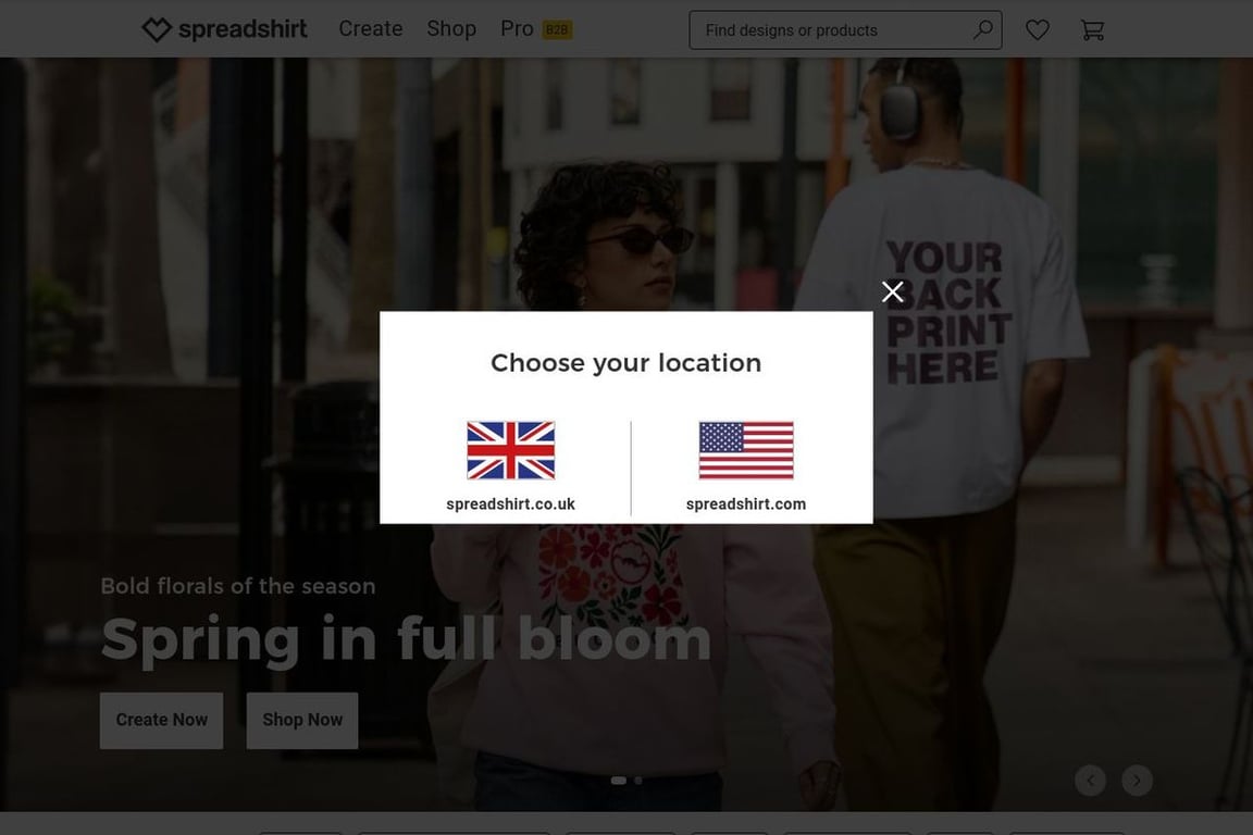 Spreadshirt UK homepage