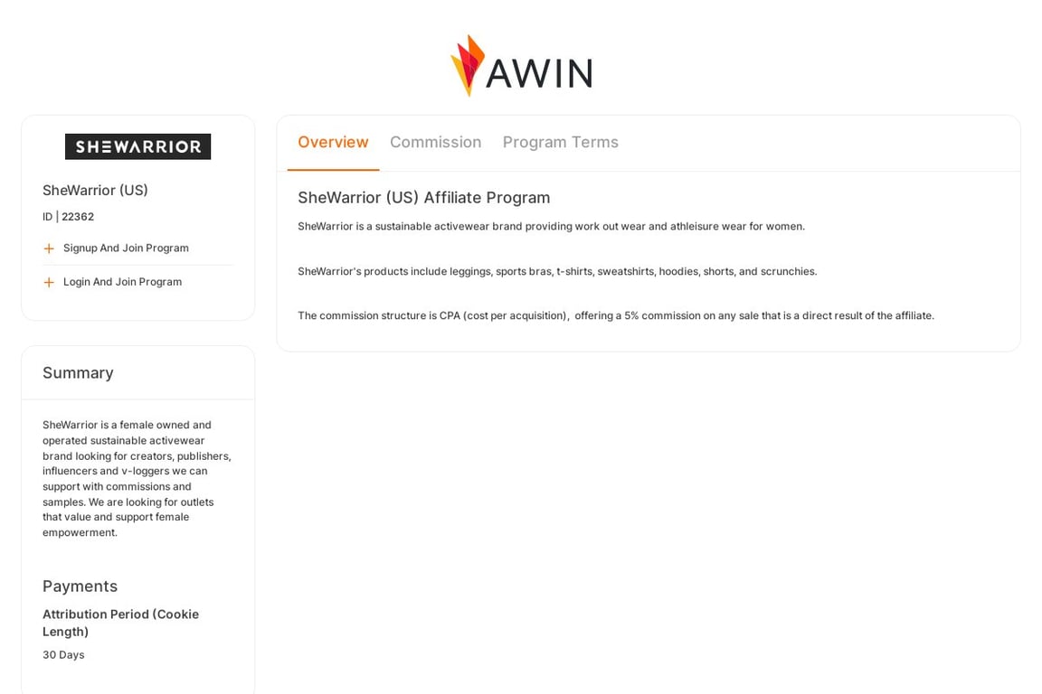 SheWarrior affiliate program signup page