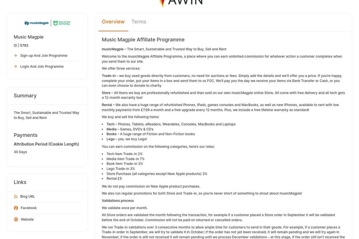 Music Magpie UK affiliate program signup page