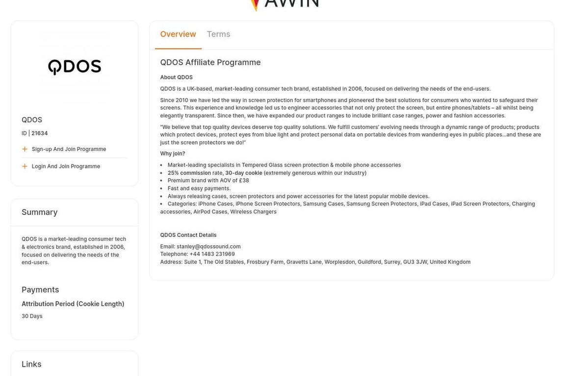 QDOS affiliate program signup page