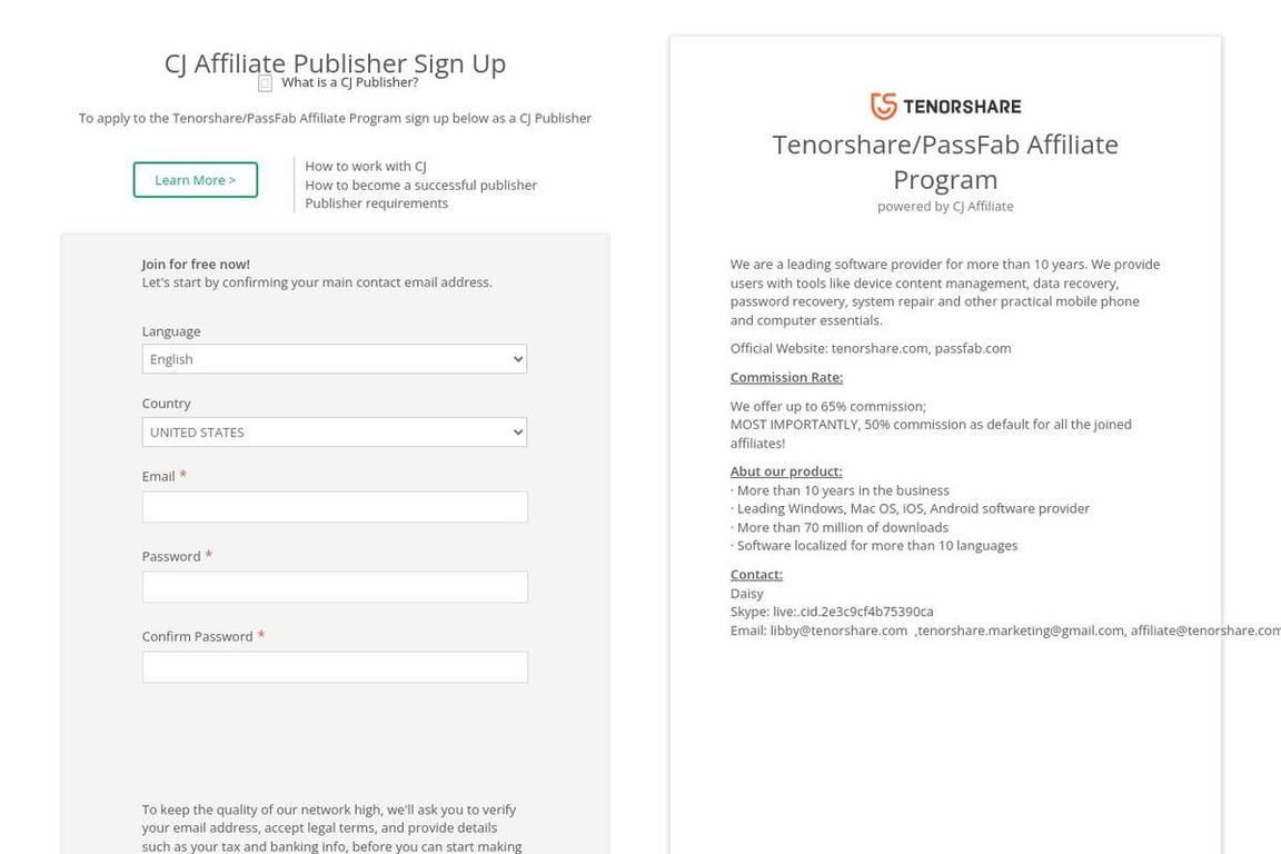 Tenorshare/PassFab affiliate program signup page
