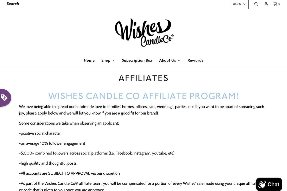 Wishes Candle affiliate program signup page