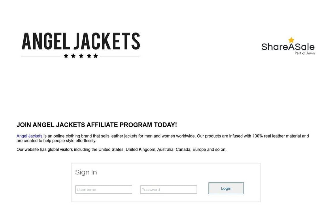 Angel Jackets affiliate program signup page