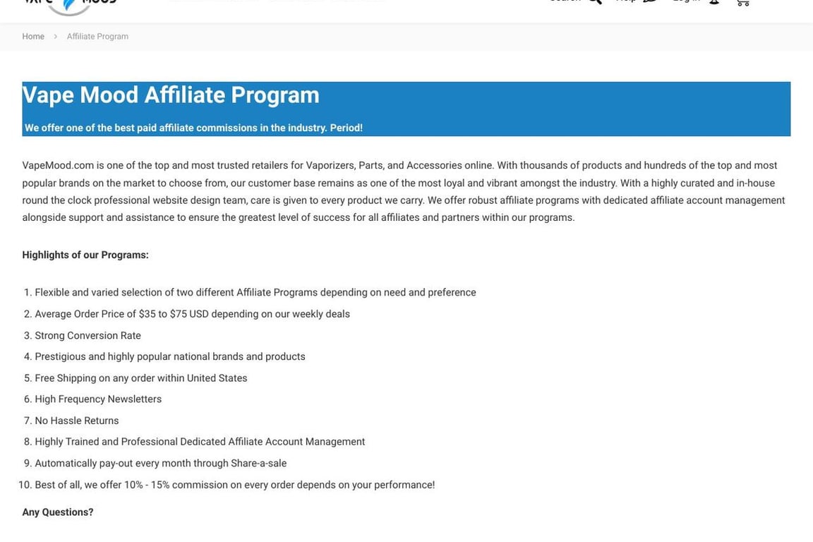 VapeMood.com affiliate program signup page