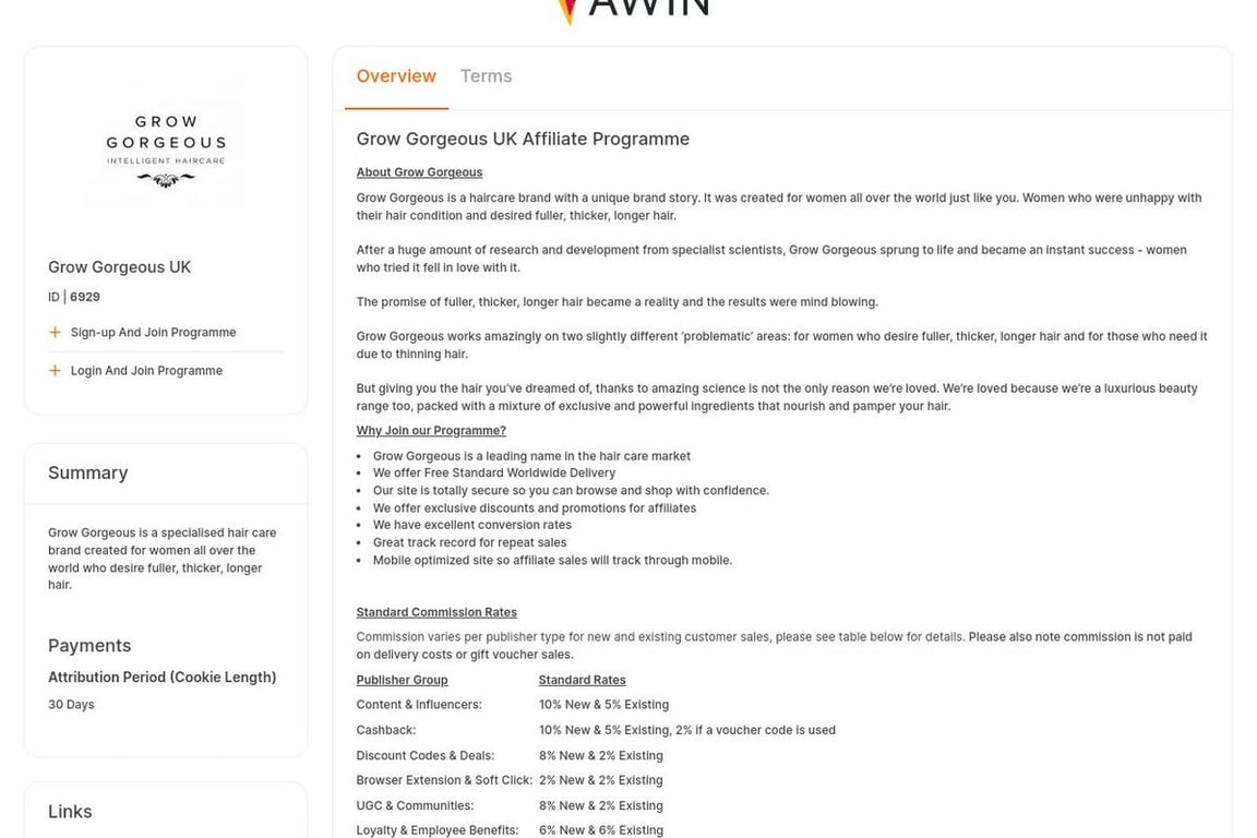 Grow Gorgeous UK affiliate program signup page