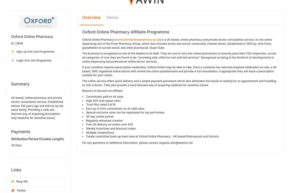 Oxford Online Pharmacy affiliate program signup page