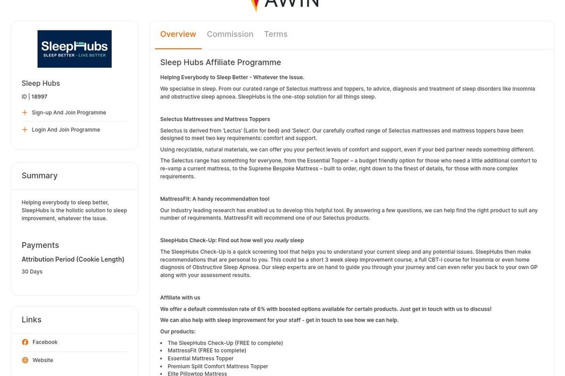 Sleep Hubs affiliate program signup page