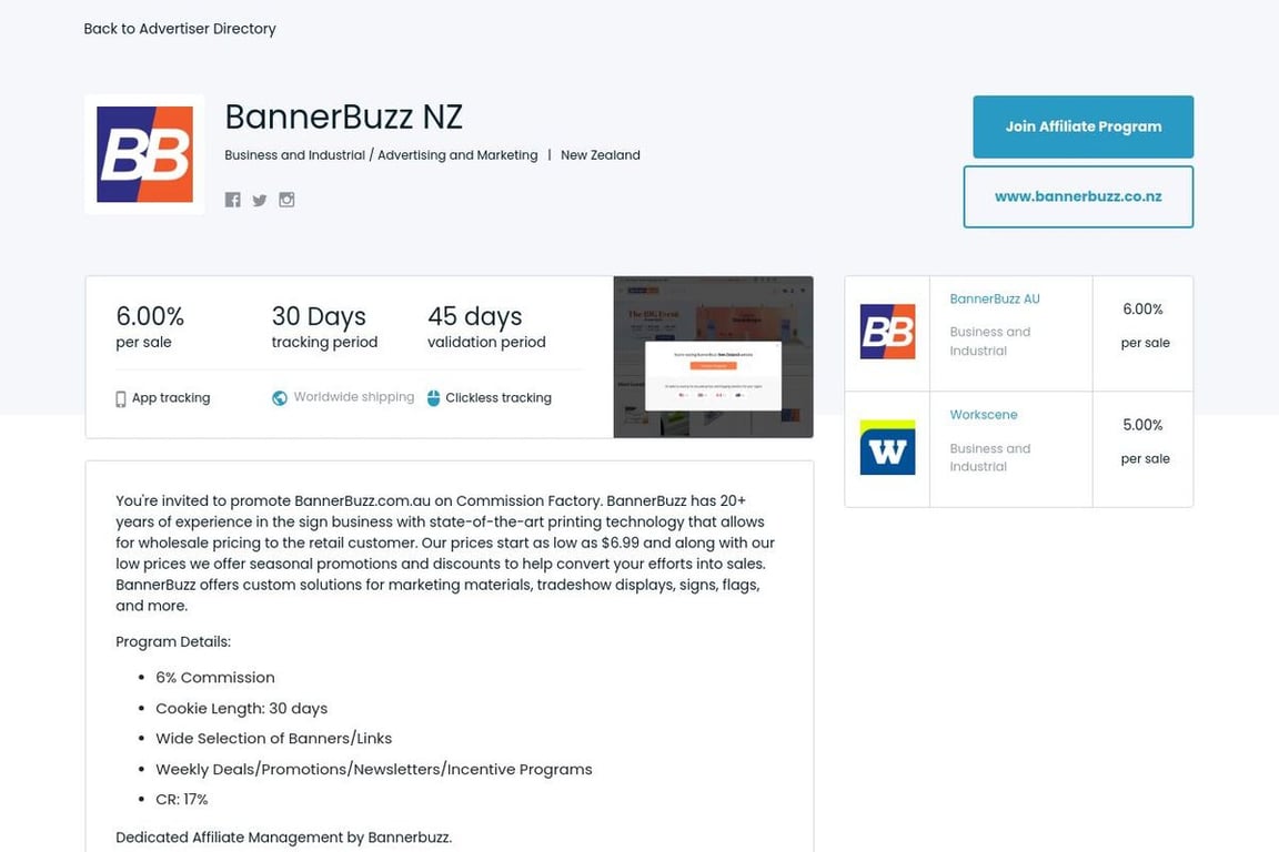 BannerBuzz NZ affiliate program signup page