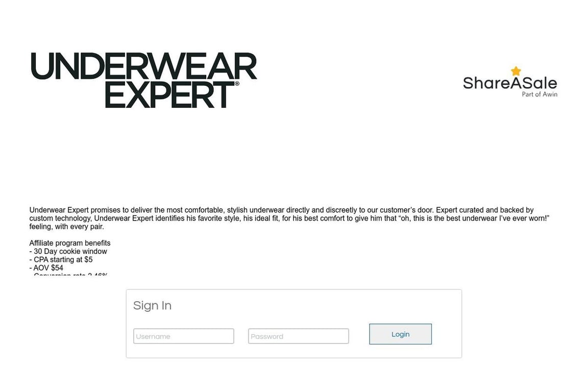 Underwear Expert affiliate program signup page