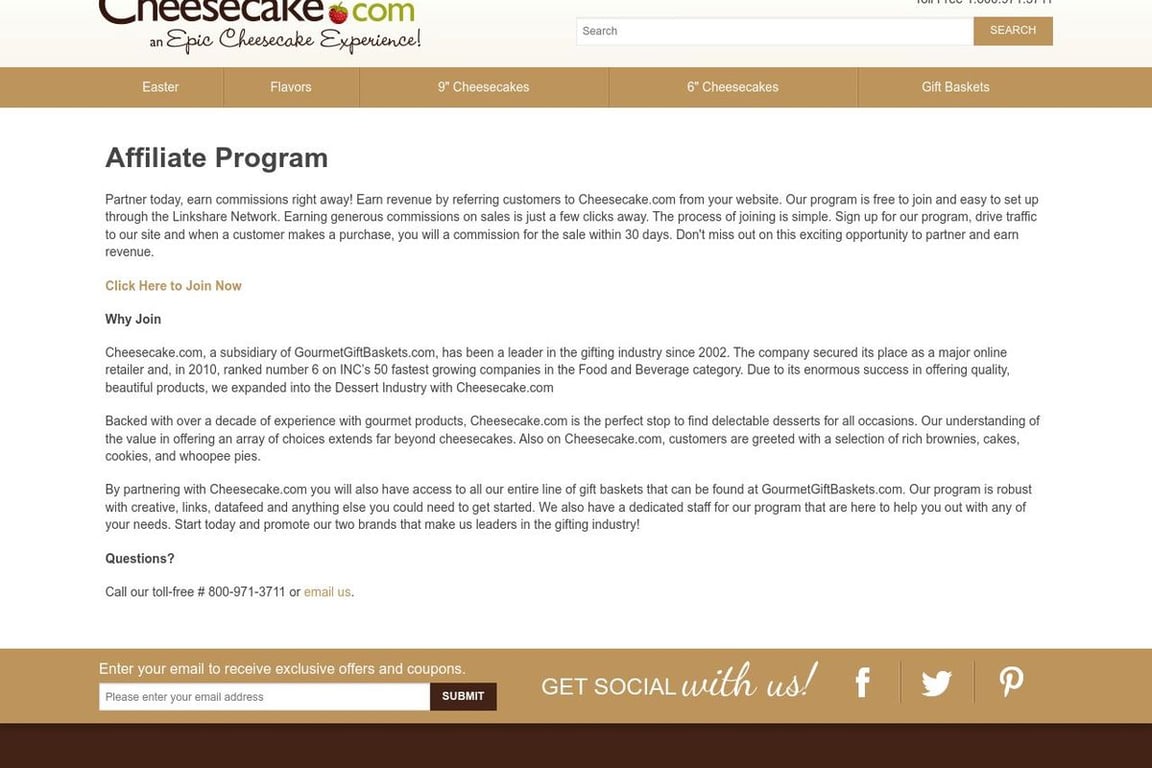 Cheesecake.com affiliate program signup page