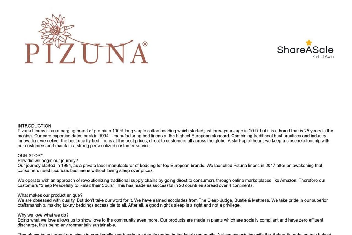 Pizuna Linens affiliate program signup page