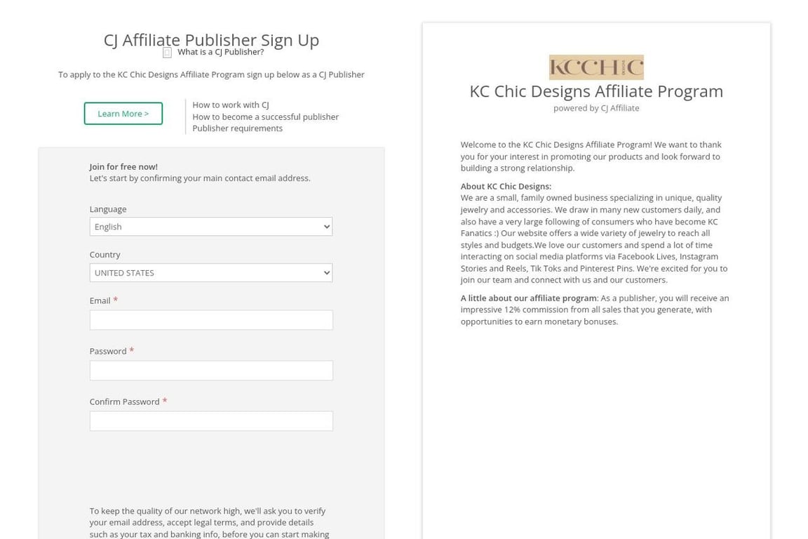 KC Chic Designs affiliate program signup page