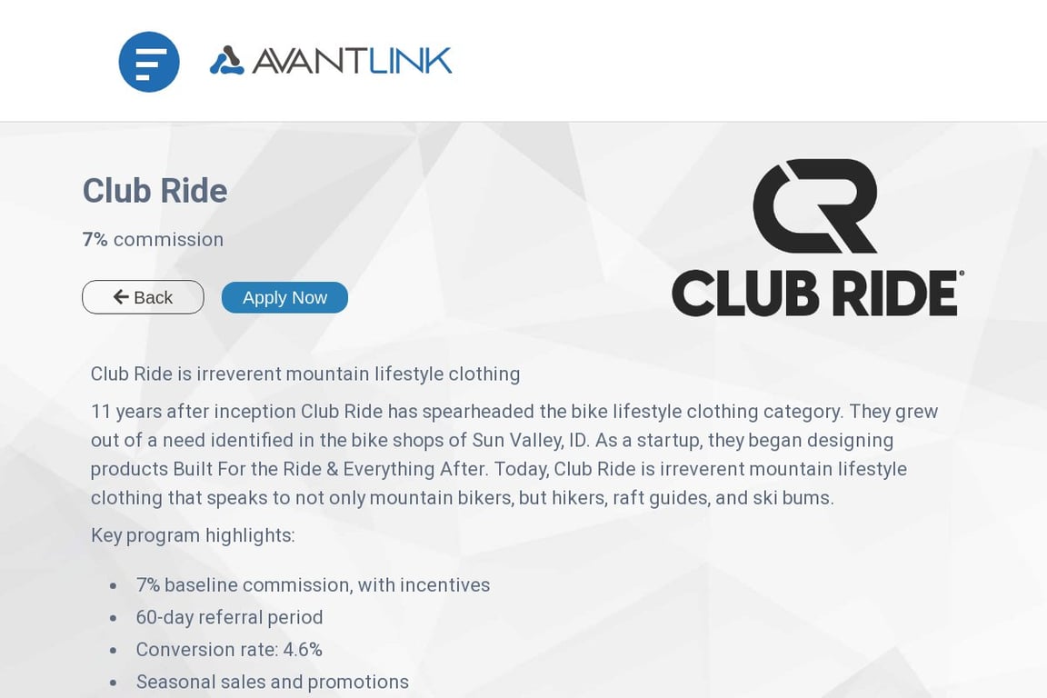 Club Ride Apparel affiliate program signup page