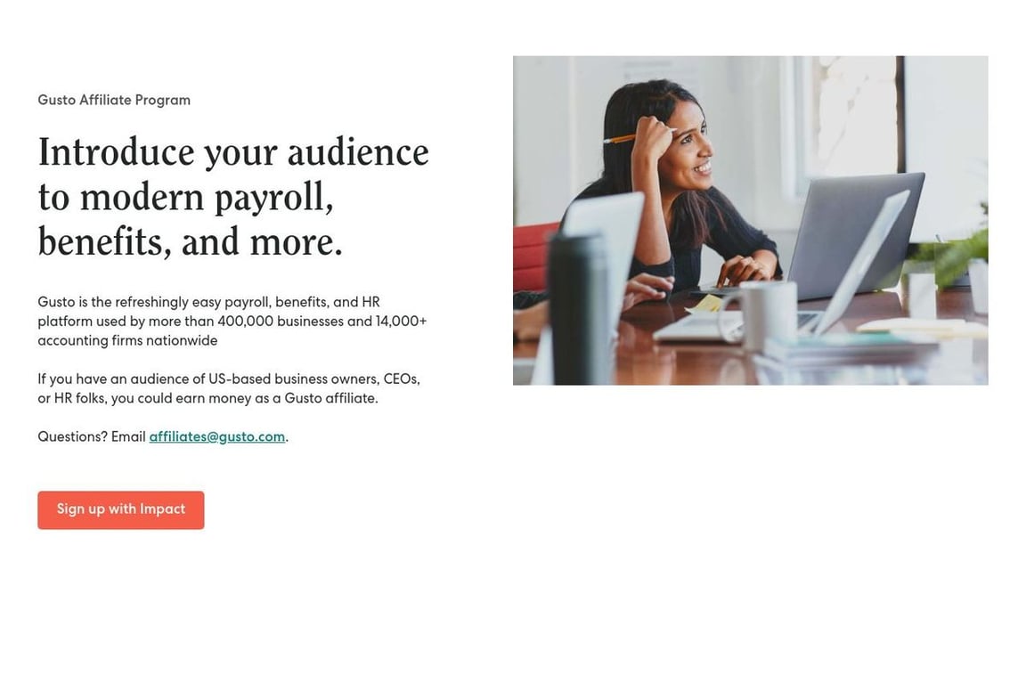 Gusto affiliate program signup page