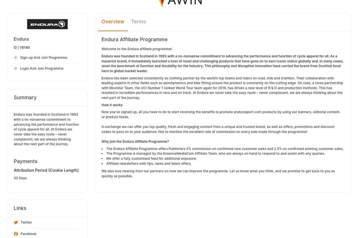 Endura UK affiliate program signup page