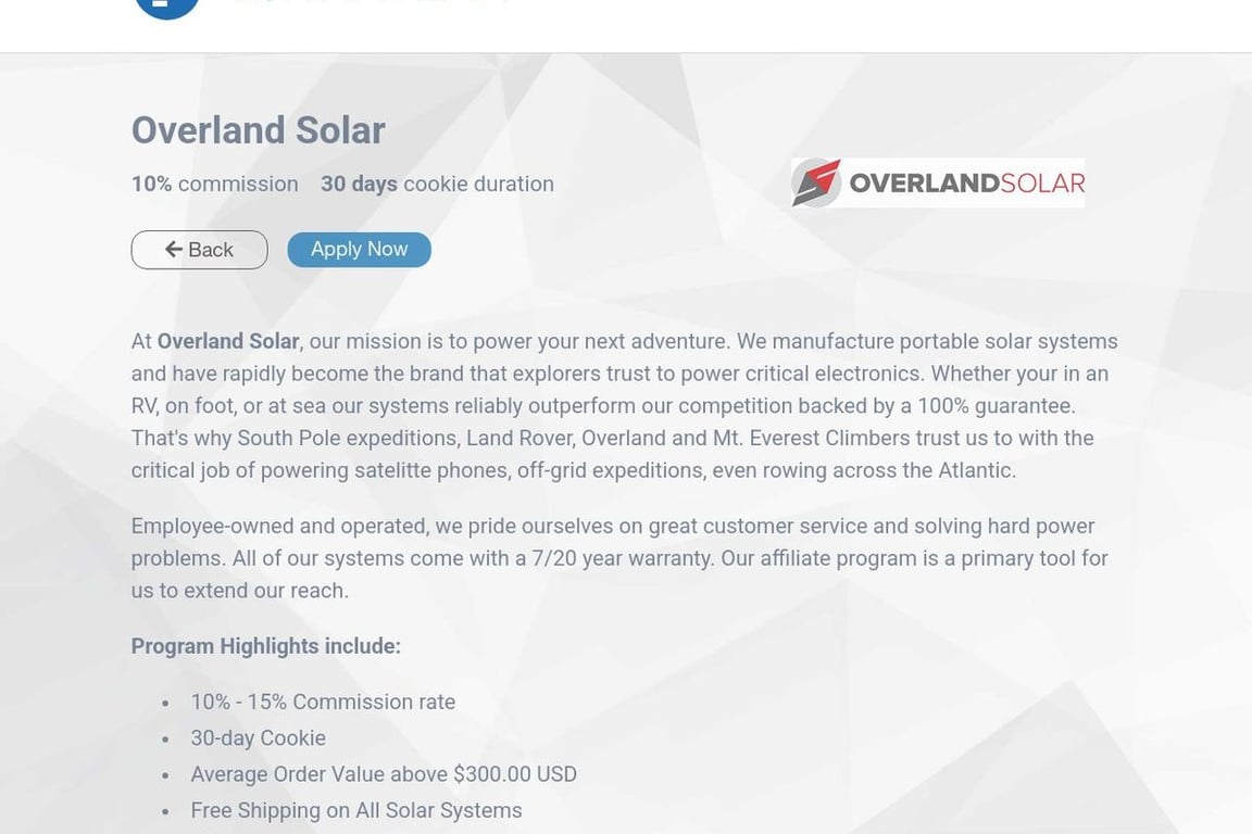 Overland Solar affiliate program signup page