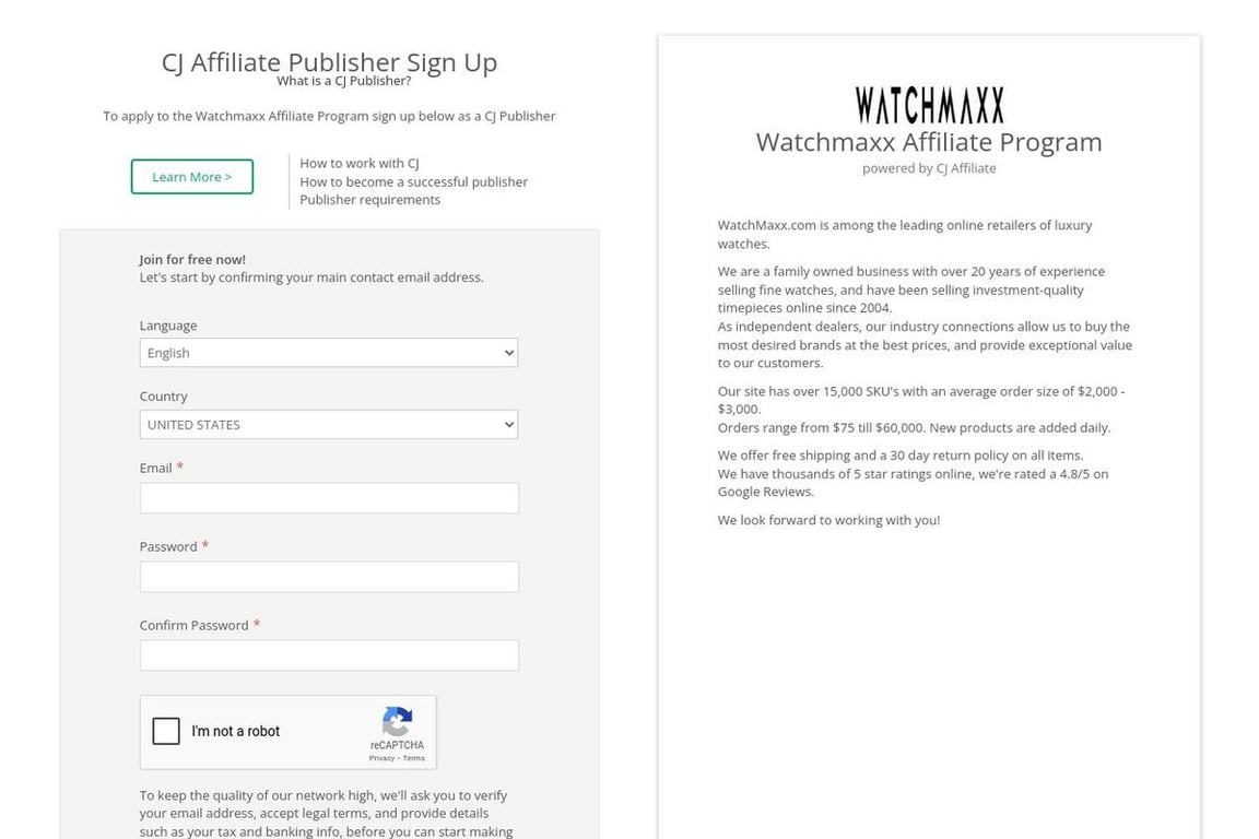 Watchmaxx affiliate program signup page