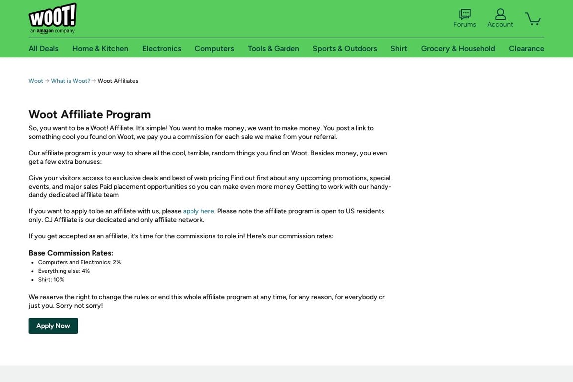 Woot affiliate program signup page