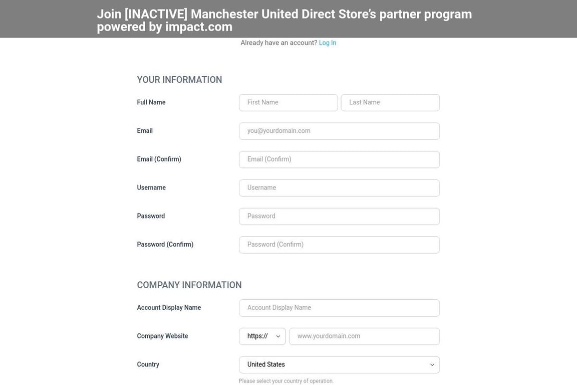 Manchester United Direct affiliate program signup page