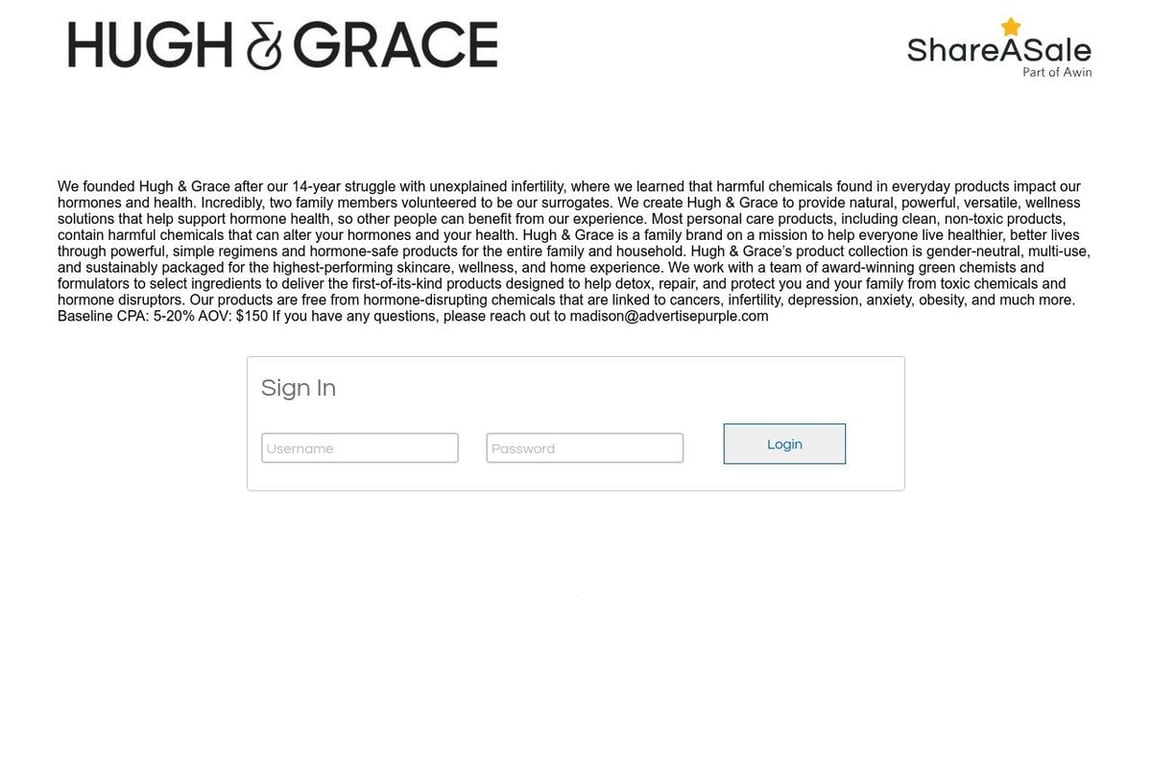 Hugh & Grace affiliate program signup page