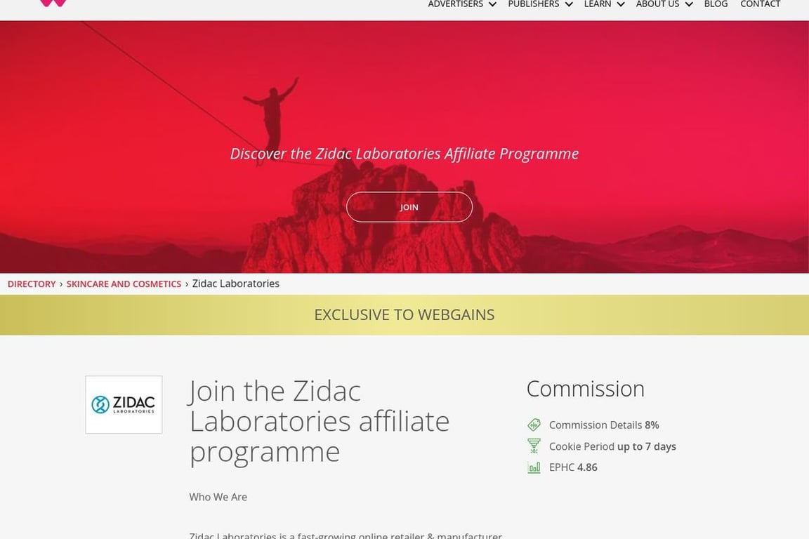 Zidac Laboratories affiliate program signup page