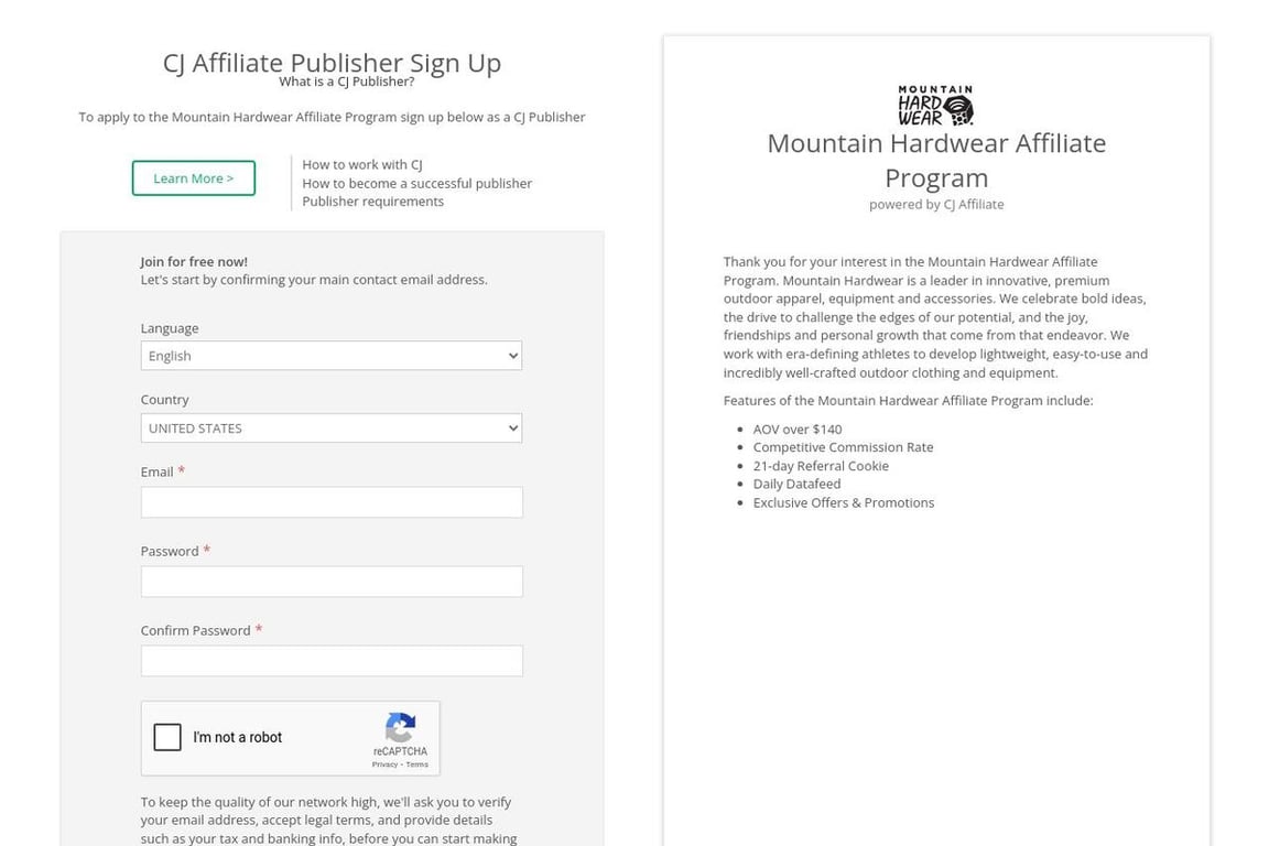 Mountain Hardwear Canada affiliate program signup page