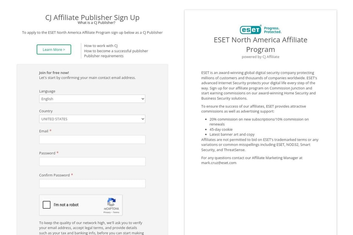 Eset affiliate program signup page