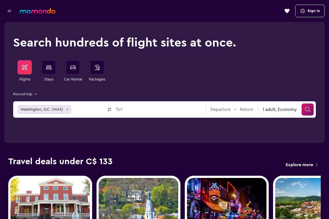 Momondo CA homepage