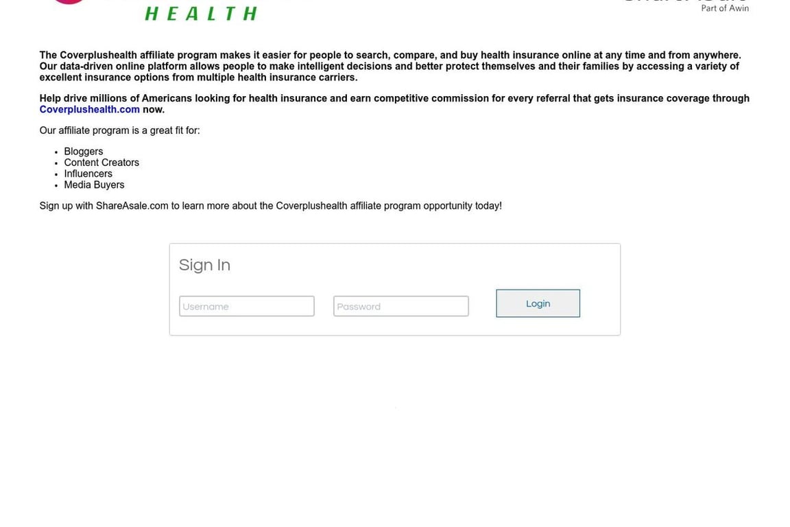 Coverplus Health affiliate program signup page