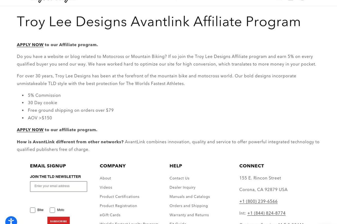 Troy Lee Designs affiliate program signup page