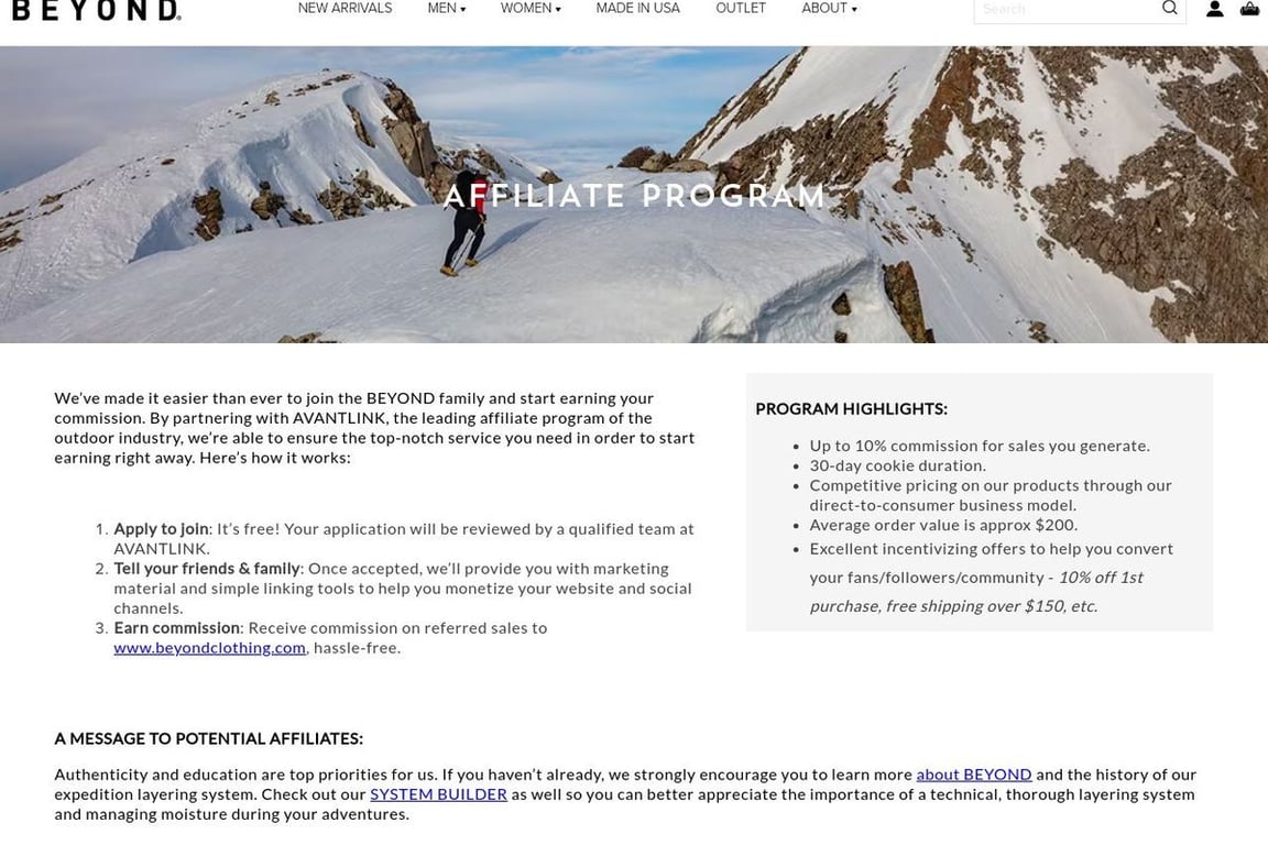 Beyond Clothing affiliate program signup page