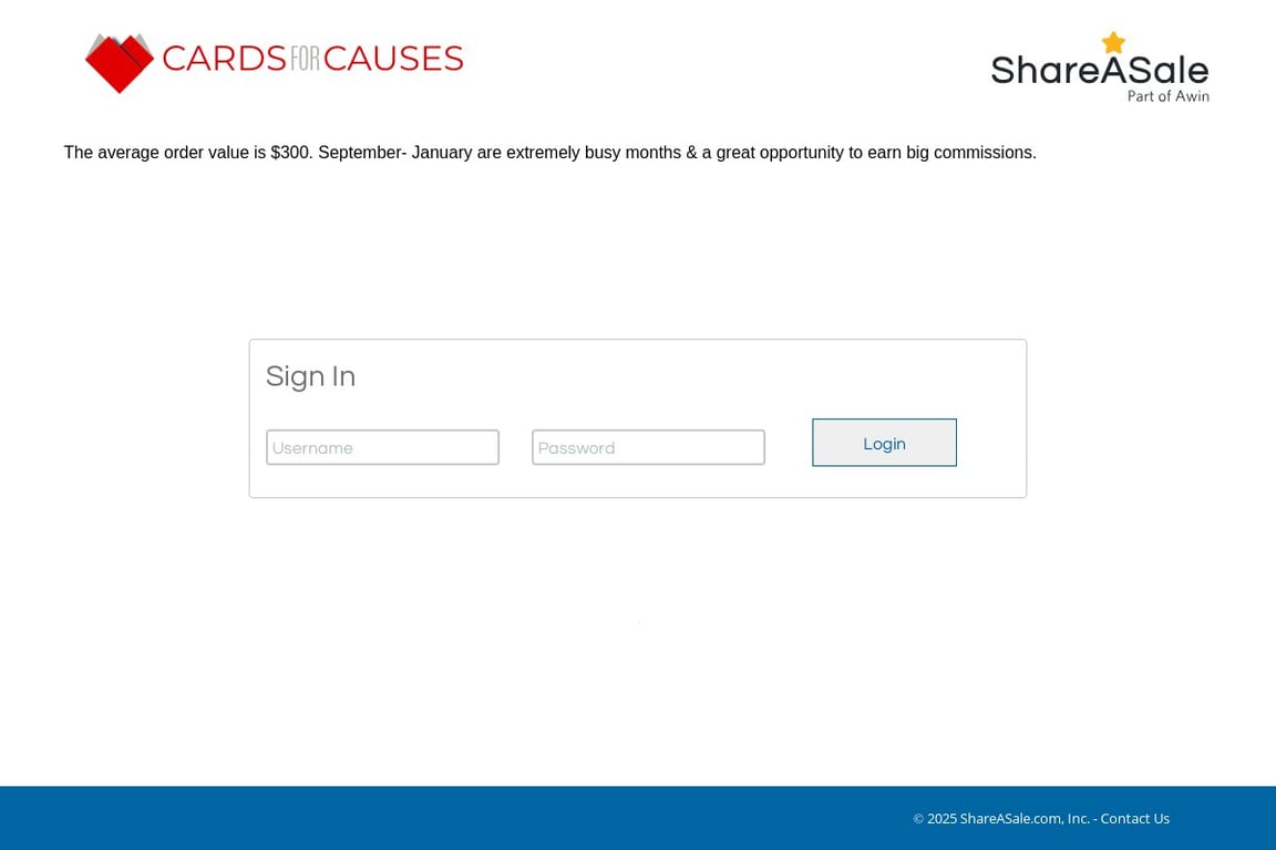 Cards for Causes affiliate program signup page