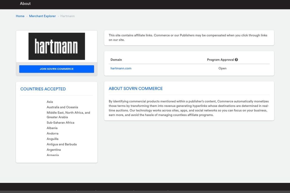 Hartmann affiliate program signup page