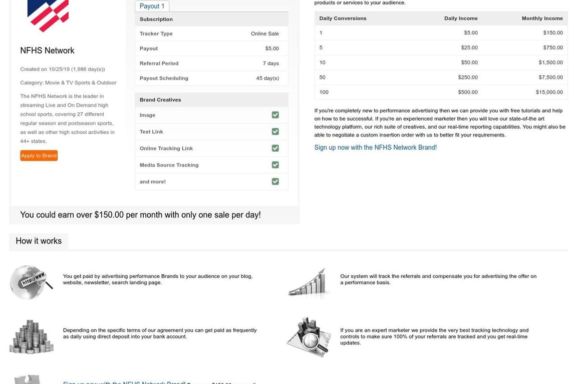NFHS Network affiliate program signup page