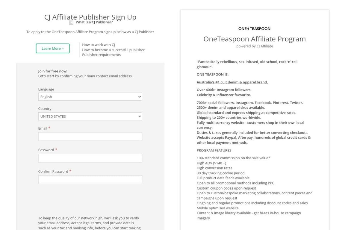 OneTeaspoon affiliate program signup page