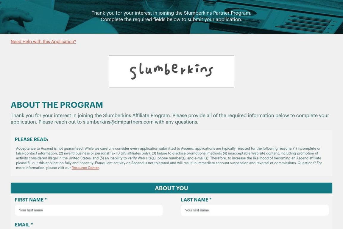 Slumberkins affiliate program signup page