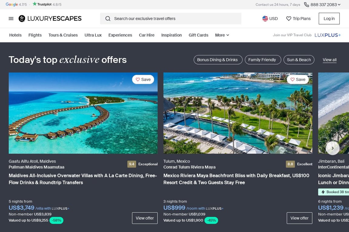 Luxury Escapes homepage