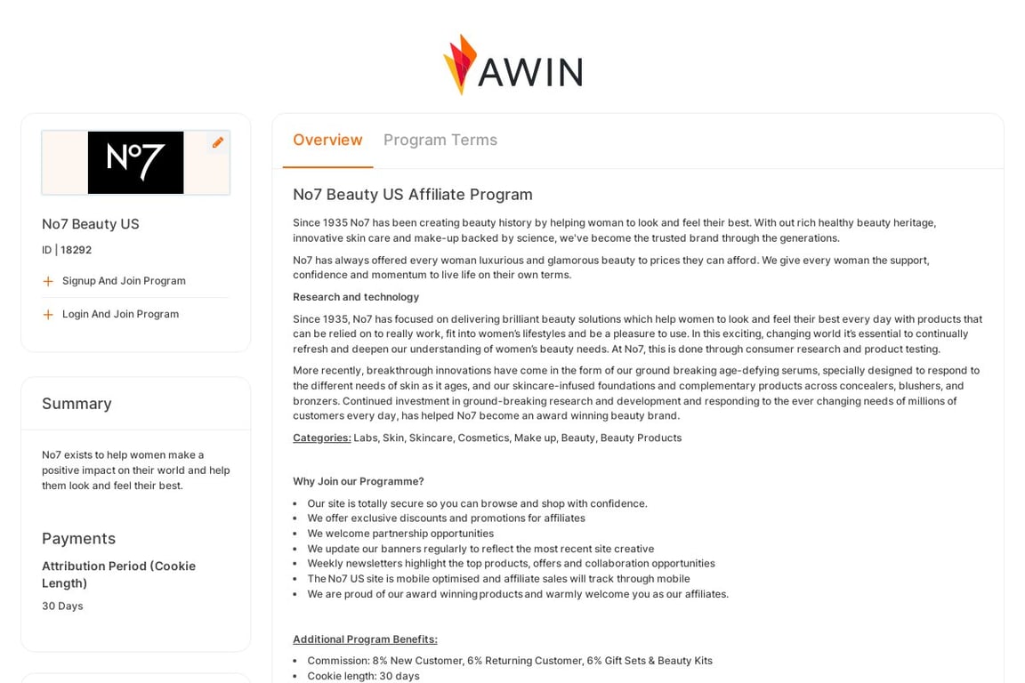 No7 Beauty affiliate program signup page