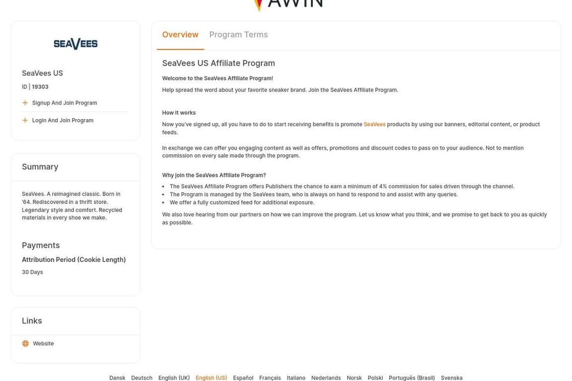 Seavees affiliate program signup page