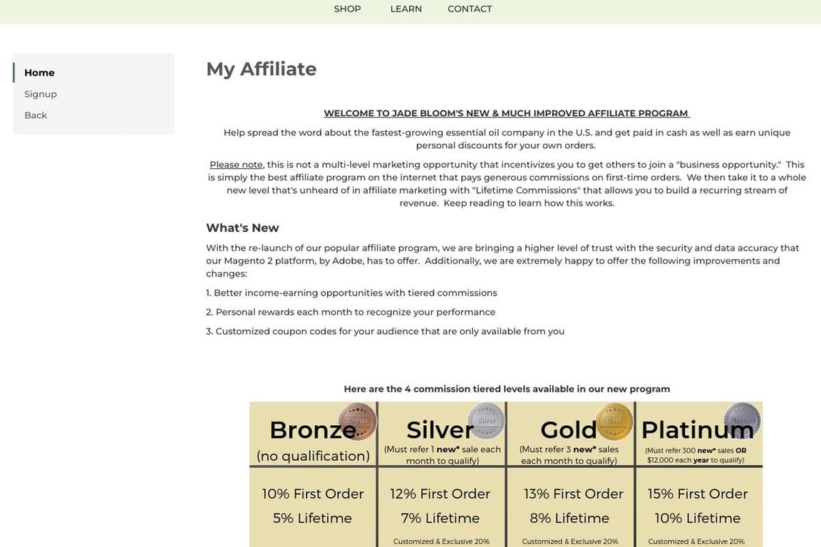 Jade Bloom affiliate program signup page