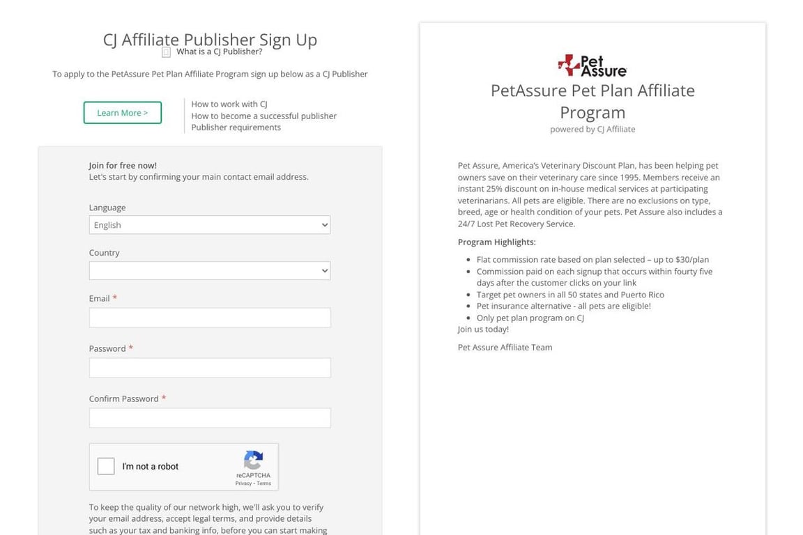 PetAssure Pet Plan affiliate program signup page