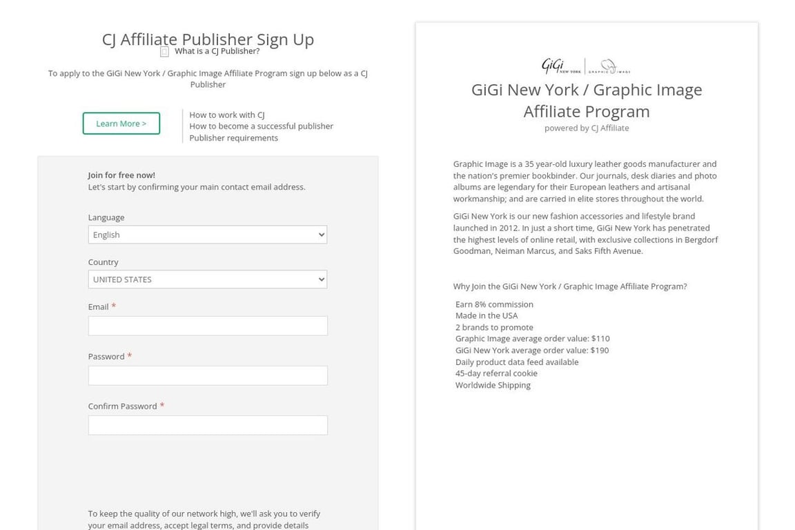 GiGi New York / Graphic Image affiliate program signup page