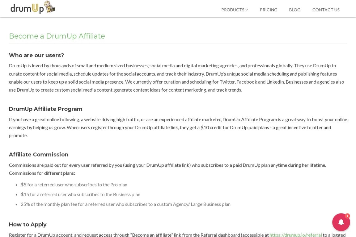 DrumUp affiliate program signup page
