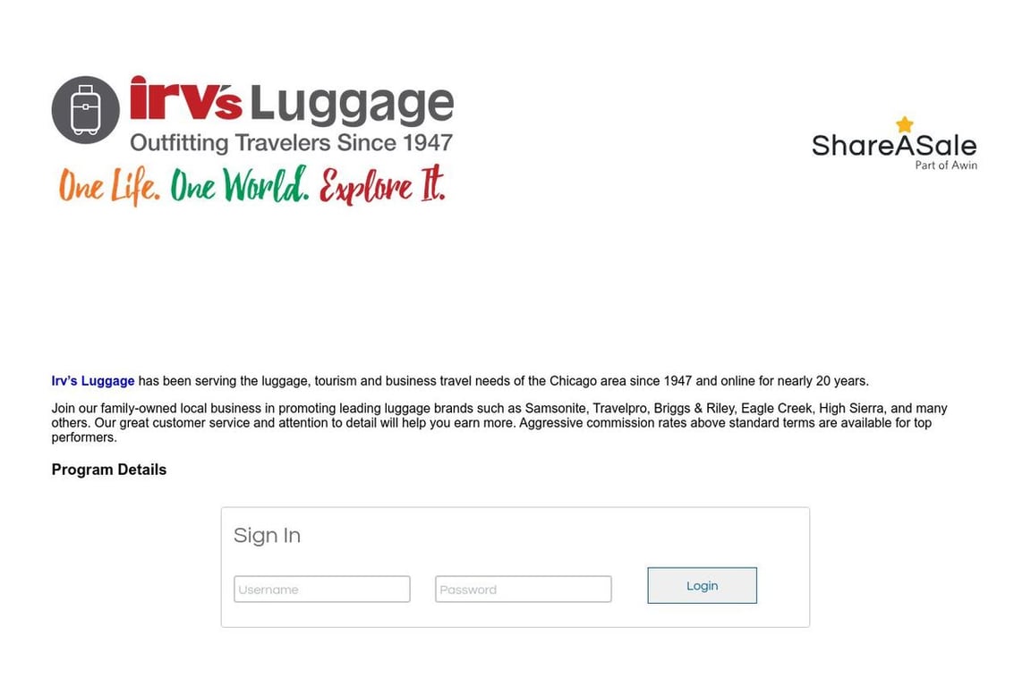 Irv’s Luggage affiliate program signup page