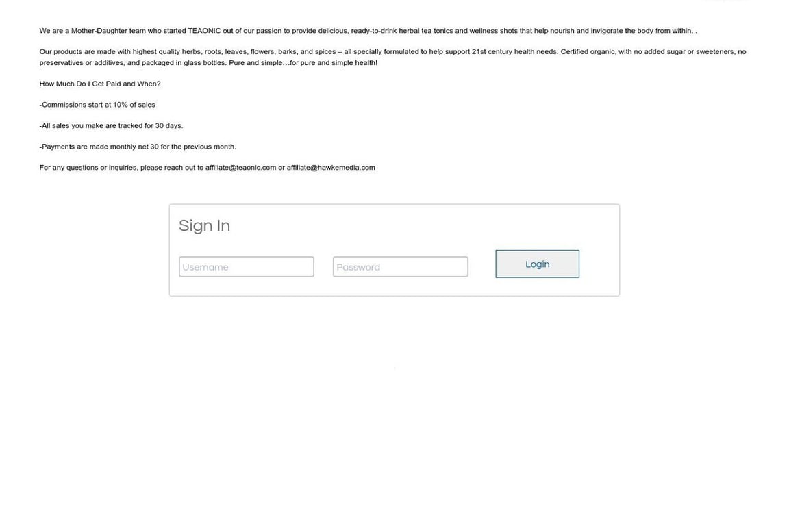 TEAONIC affiliate program signup page