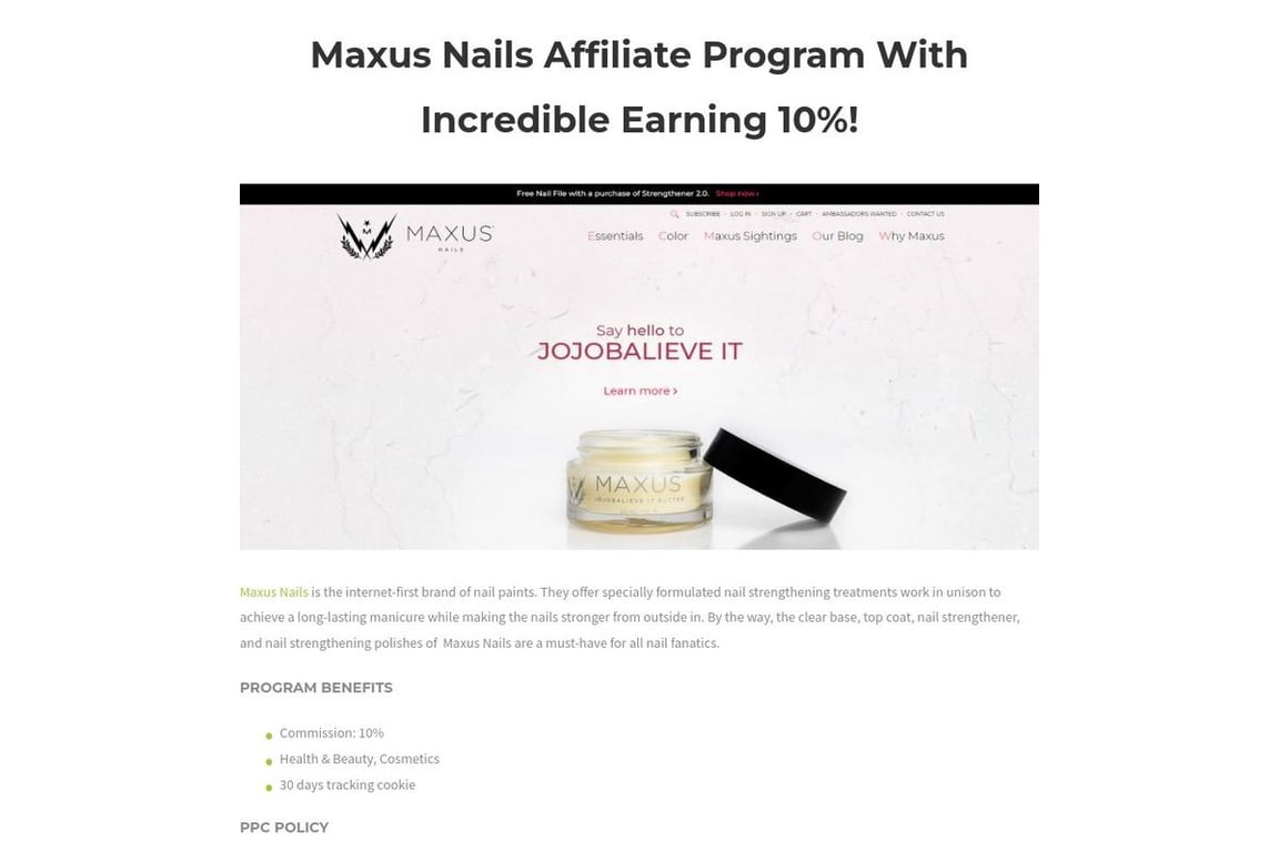 Maxus Nails affiliate program signup page